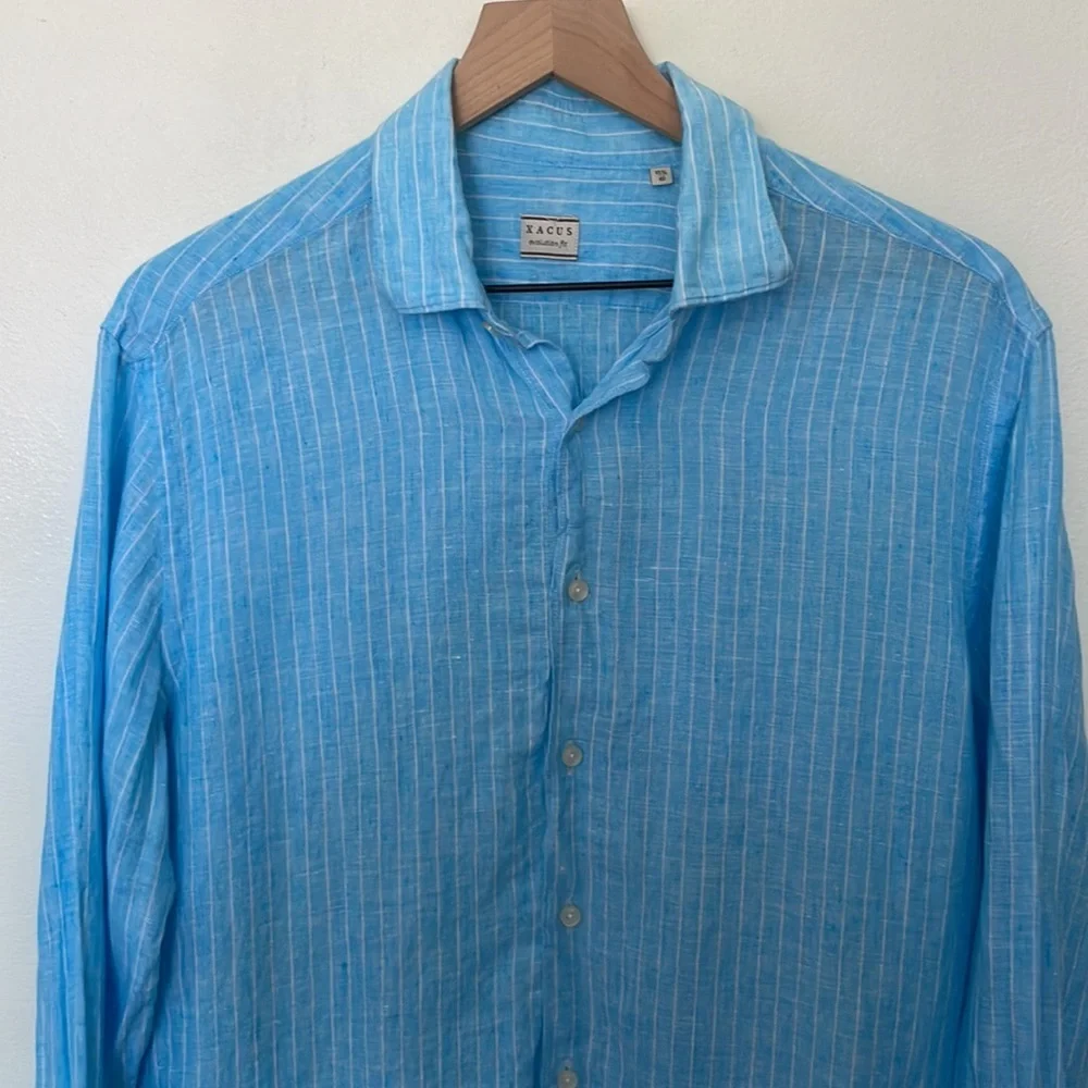 XACUS | 100% Linen Made in Italy Blue Stripe Button Down Resort Shirt 15 3/4 40 - Picture 2 of 9